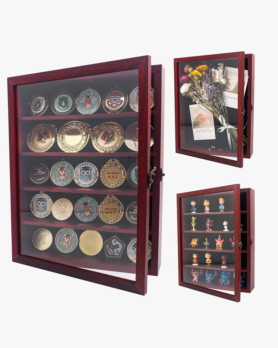 Red Shadow Box Frame Real Glass Window Door with Removable Shelves in 4 Sizes