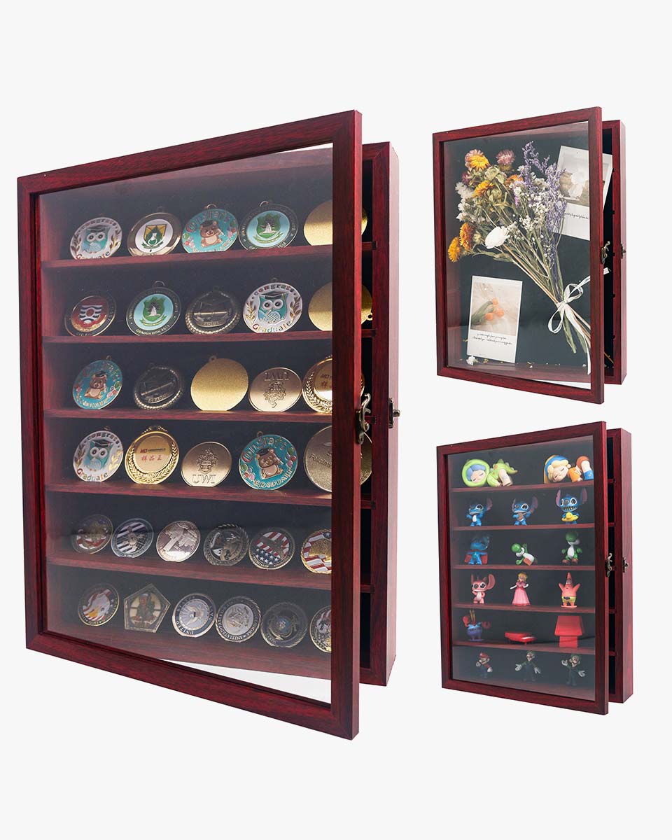 Red Shadow Box Frame Real Glass Window Door with Removable Shelves in 4 Sizes