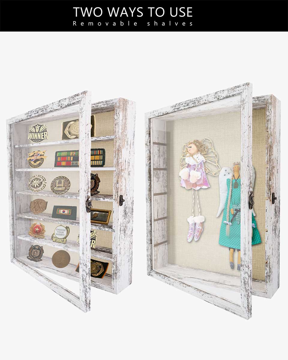 Rustic White Shadow Box Frame Real Glass Window Door with Removable Shelves in 2 Sizes