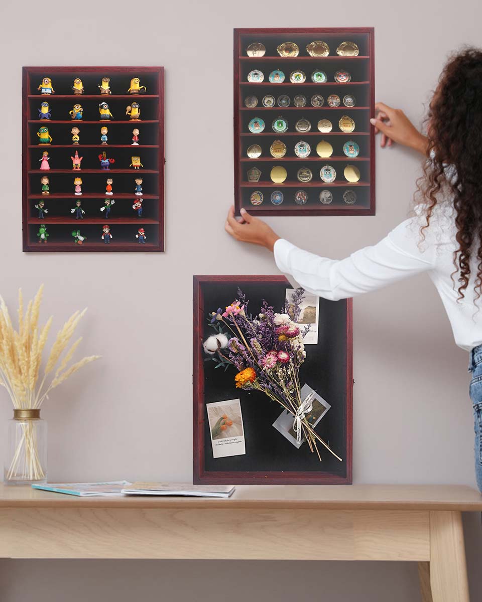Red Shadow Box Frame Real Glass Window Door with Removable Shelves in 4 Sizes