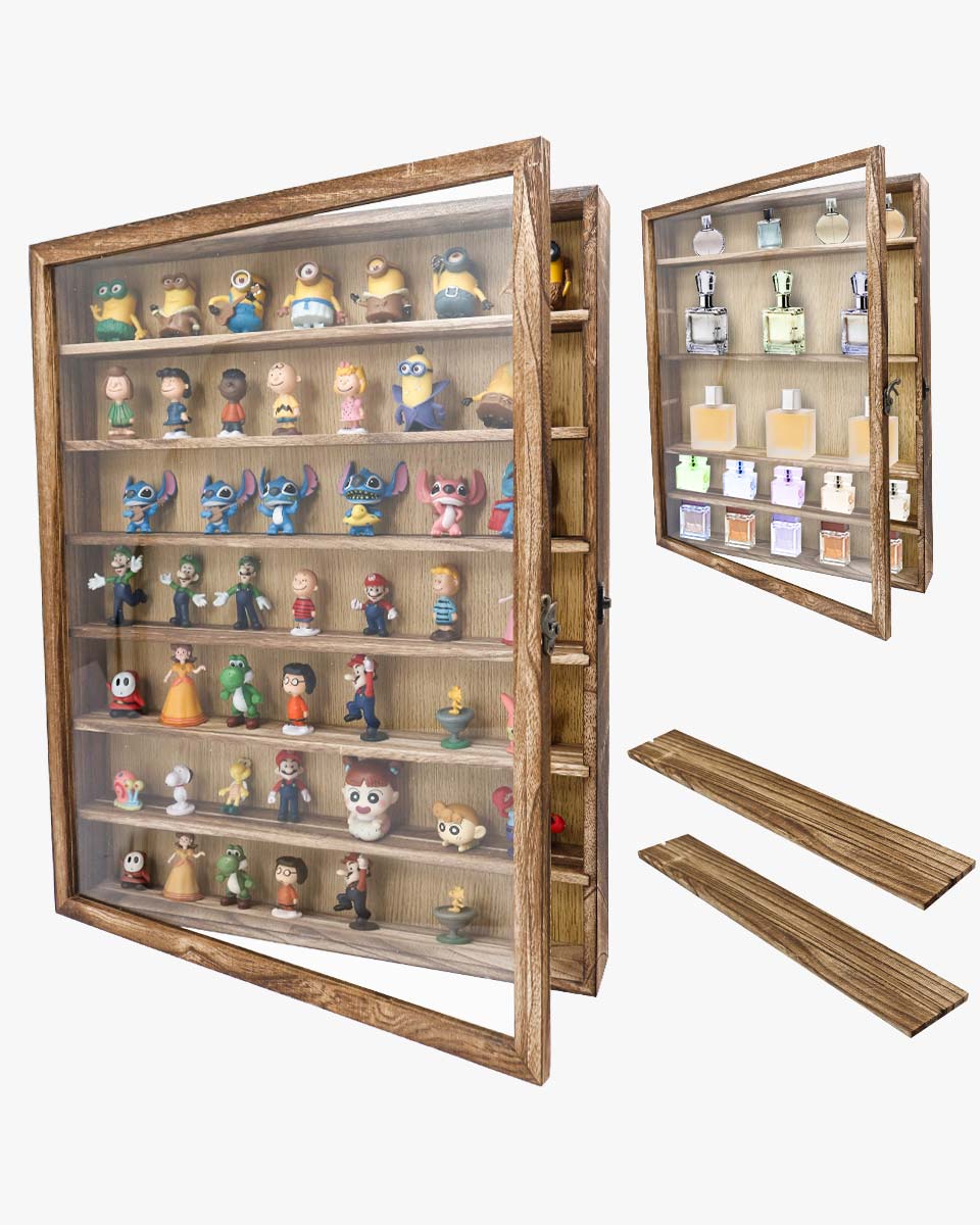 Wood Shadow Box Frame Real Glass Window Door with Removable Shelves in 3 Sizes
