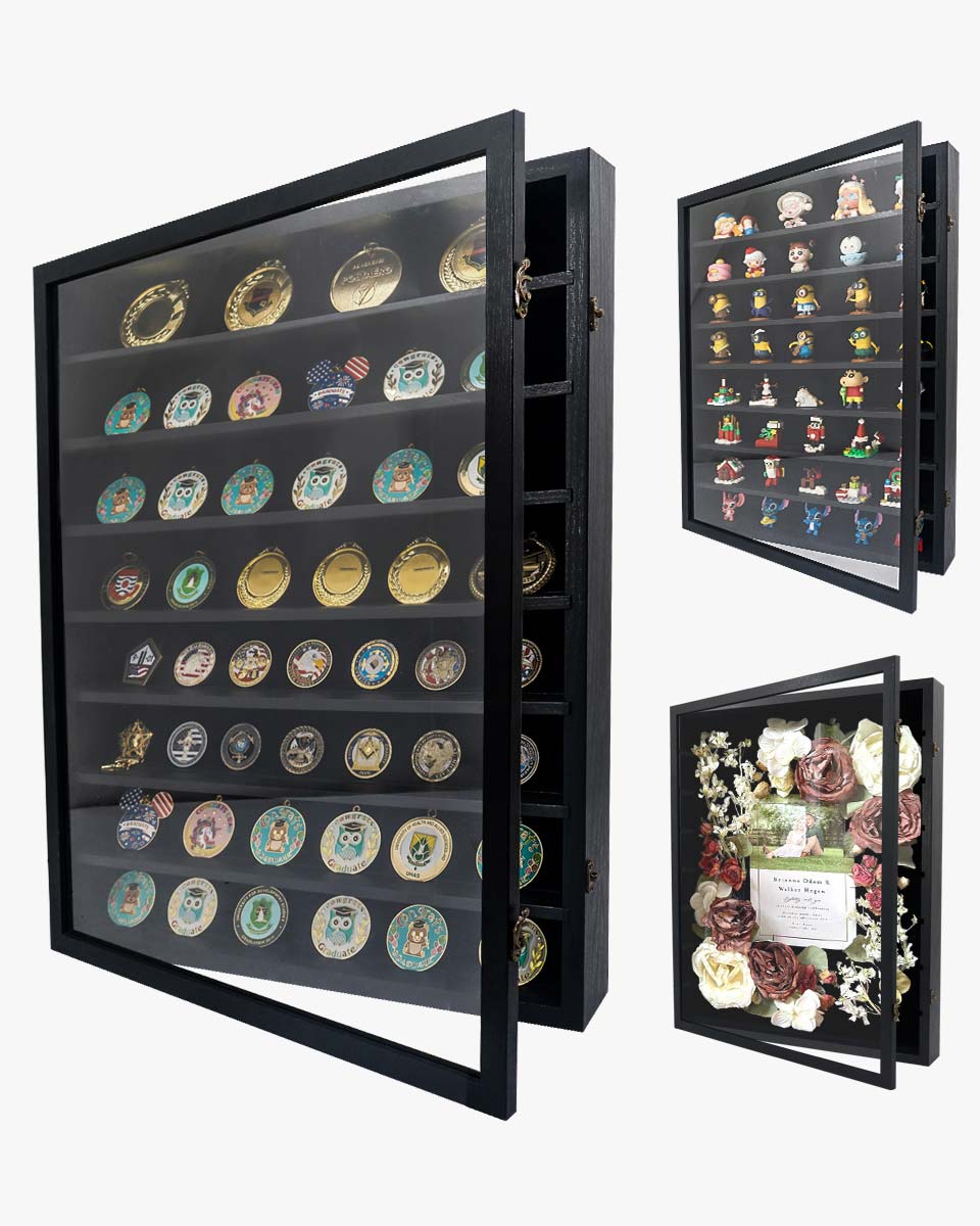 Rustic Black Shadow Box Frame Real Glass Window Door with Removable Shelves in 4 Sizes