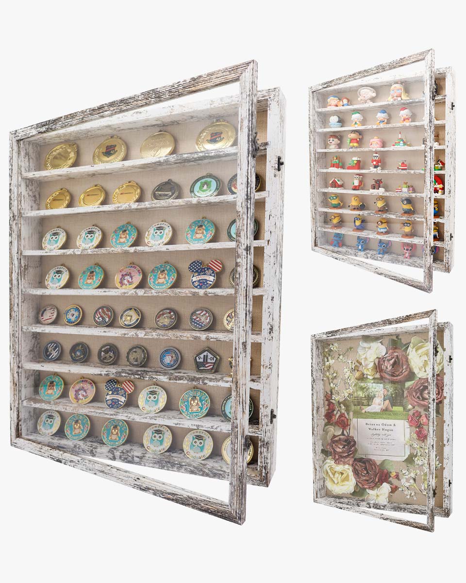 Rustic White Shadow Box Frame Real Glass Window Door with Removable Shelves in 4 Sizes