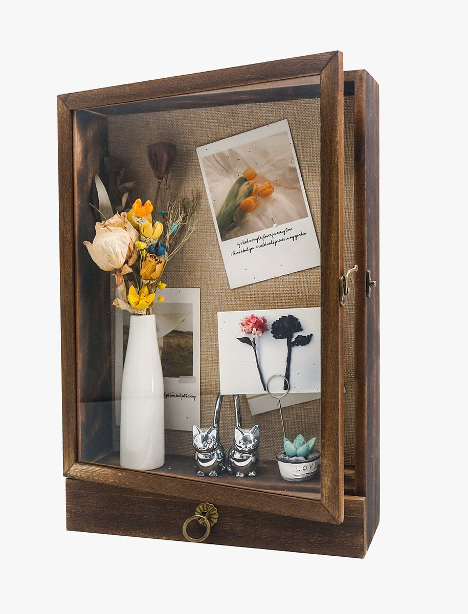 Carbonized Black Wooden Shadow Box Frame with Drawer and Soft Line Back