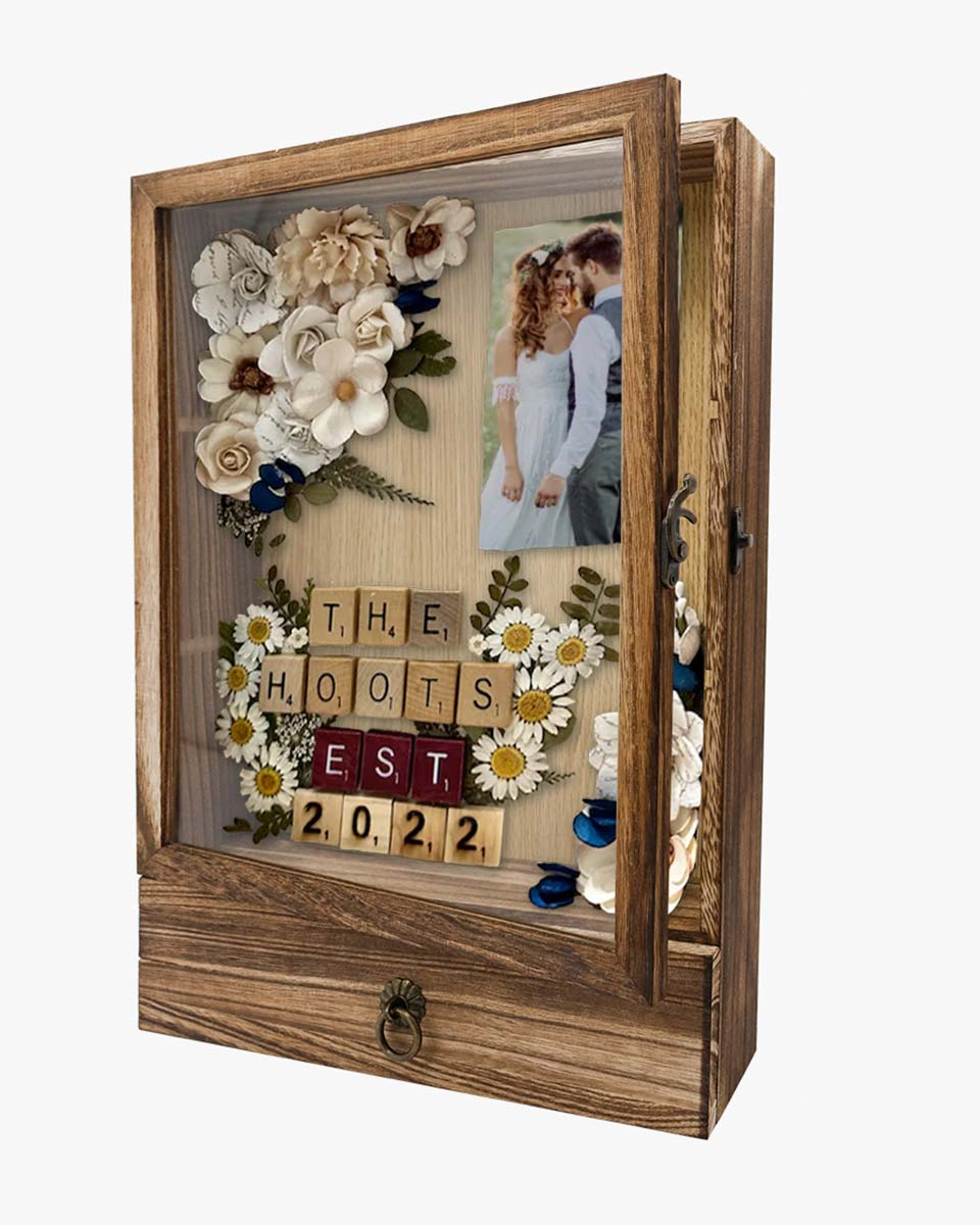 Wooden Shadow Box Frame with Shelves Drawer and Soft Line Back