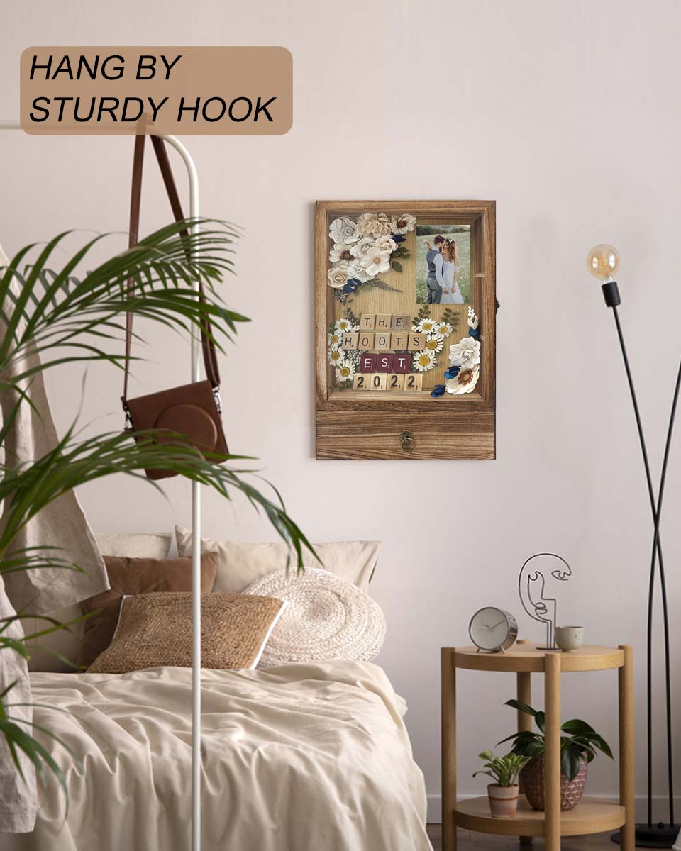 Wooden Shadow Box Frame with Shelves Drawer and Soft Line Back