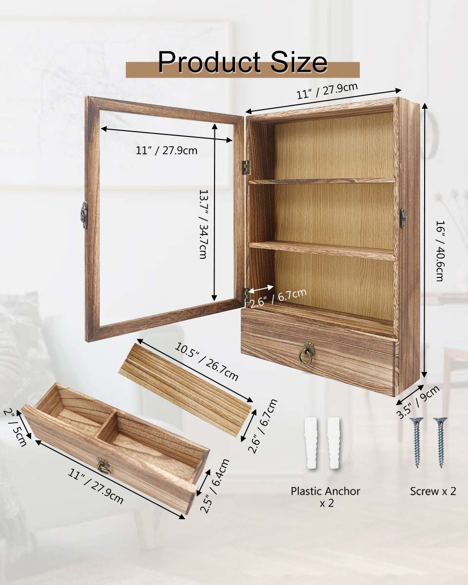 Wooden Shadow Box Frame with Shelves Drawer and Soft Line Back