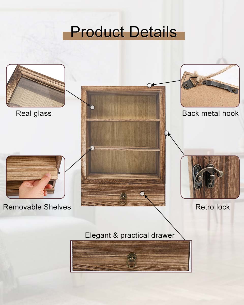 Wooden Shadow Box Frame with Shelves Drawer and Soft Line Back