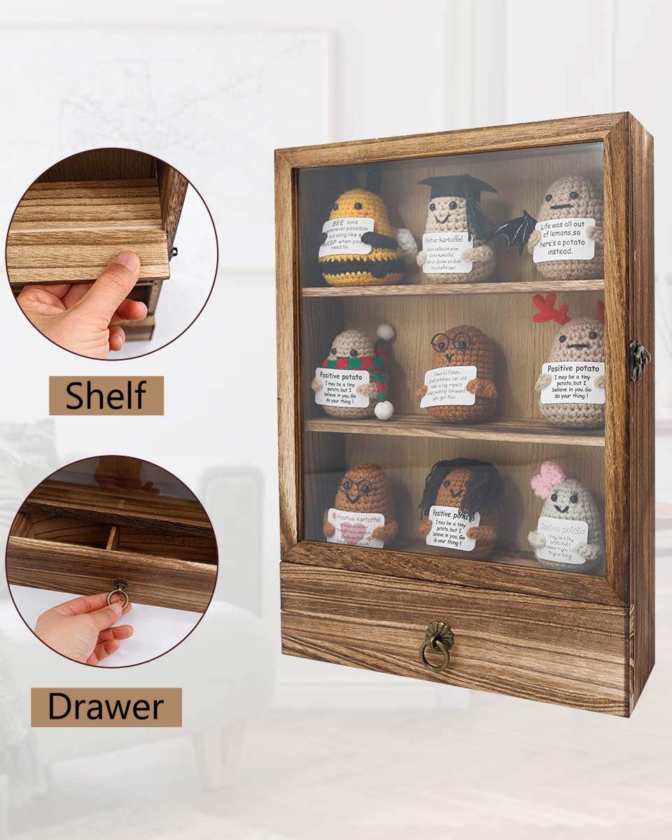 Wooden Shadow Box Frame with Shelves Drawer and Soft Line Back