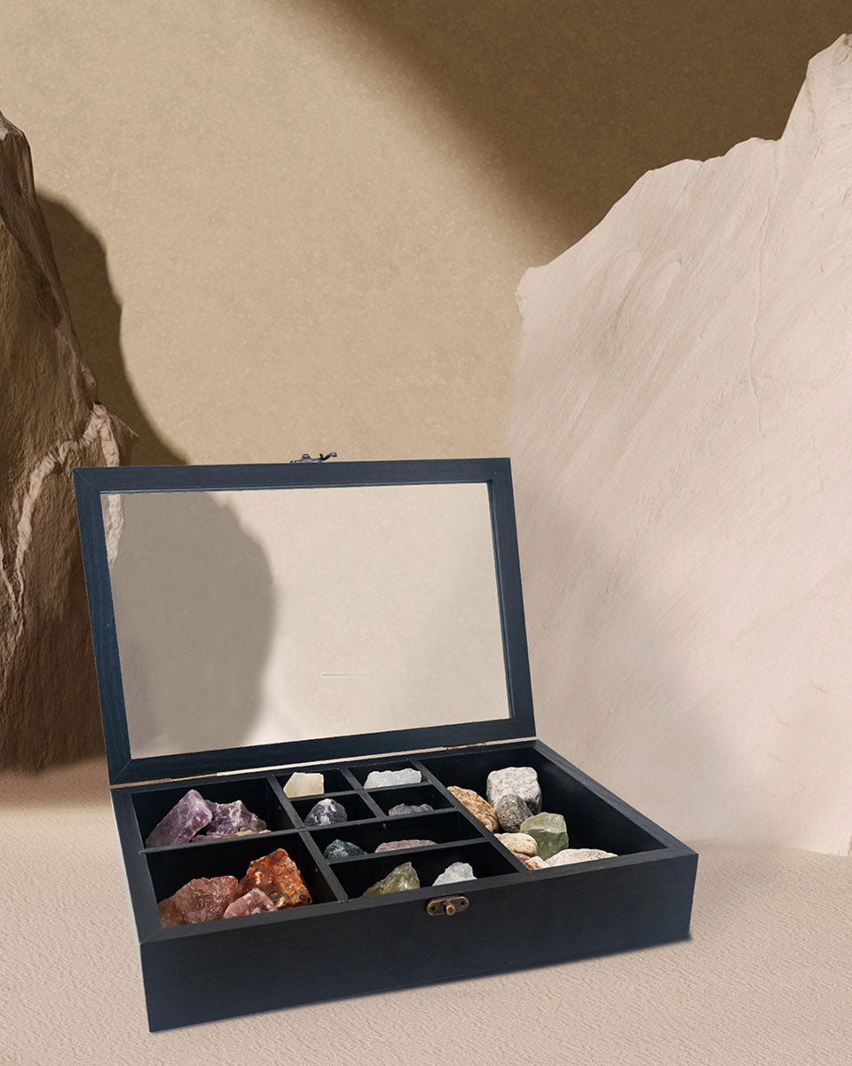 Rock Crystal Collection Box with Shelves - Onyx Opal Crystal Stand Dis