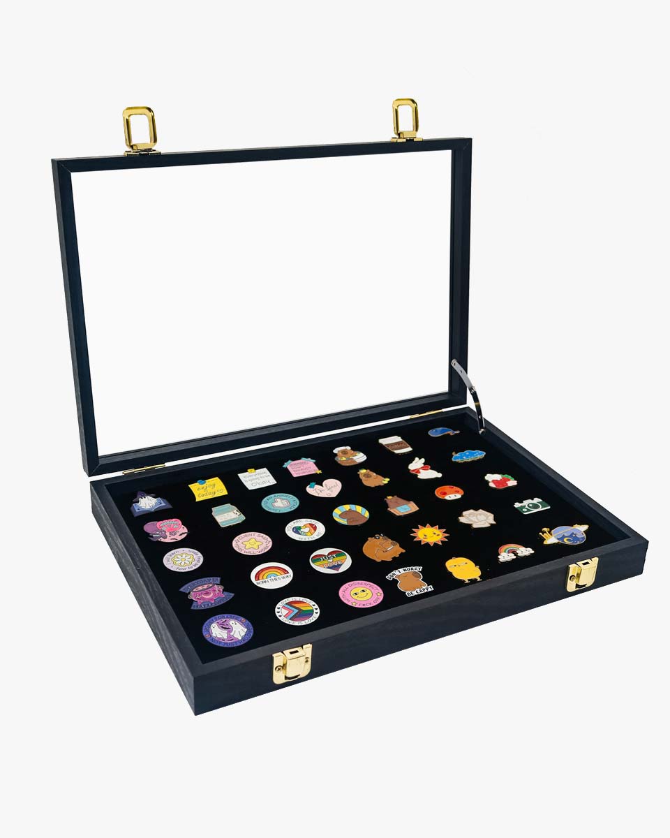 Black Velvet Pin Display Box with Real Glass Lid for Medal or Brooch Storage Tray