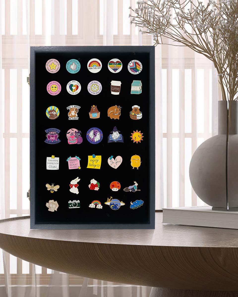 Black Velvet Pin Display Box with Real Glass Lid for Medal or Brooch Storage Tray