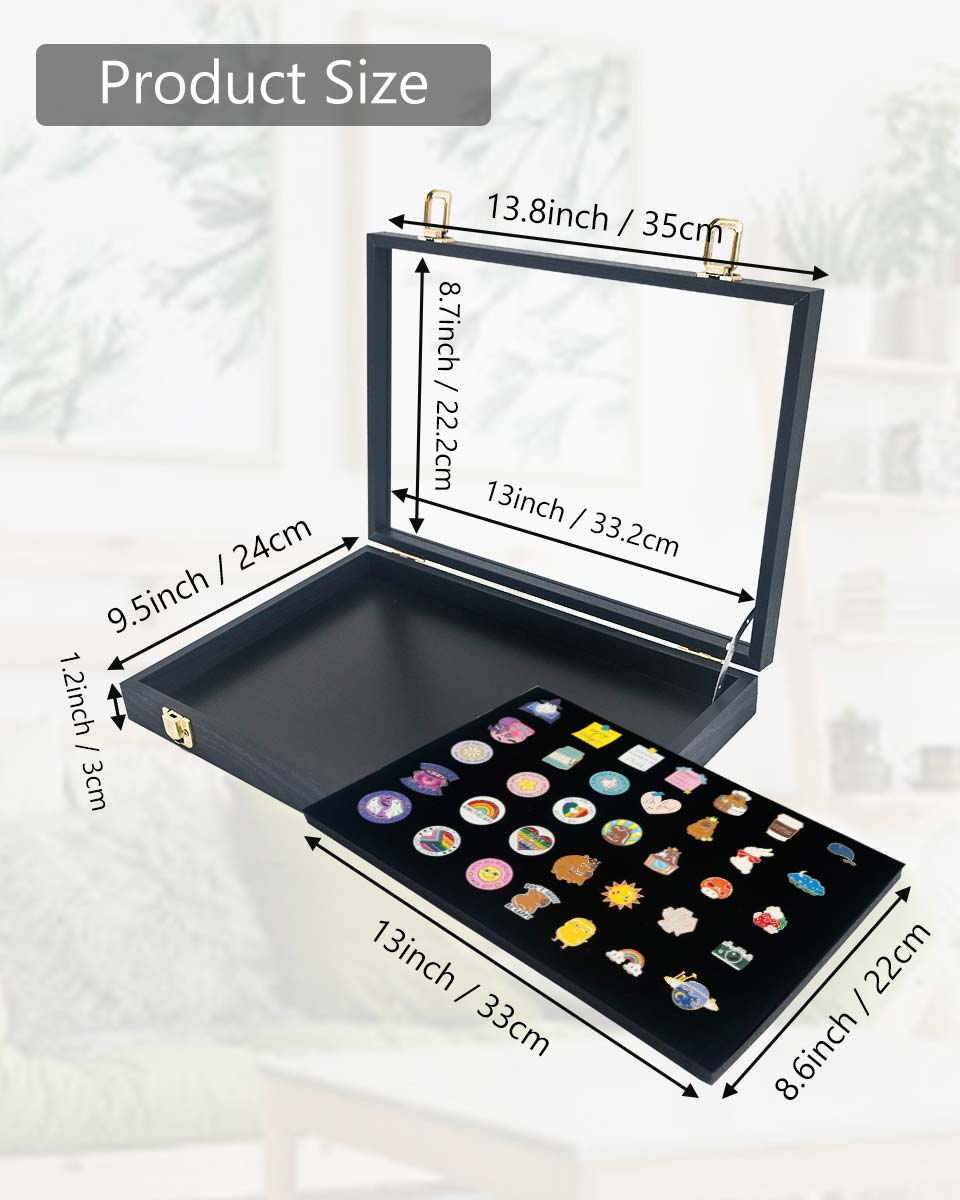Black Velvet Pin Display Box with Real Glass Lid for Medal or Brooch Storage Tray