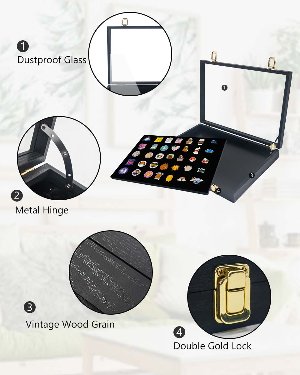 Black Velvet Pin Display Box with Real Glass Lid for Medal or Brooch Storage Tray