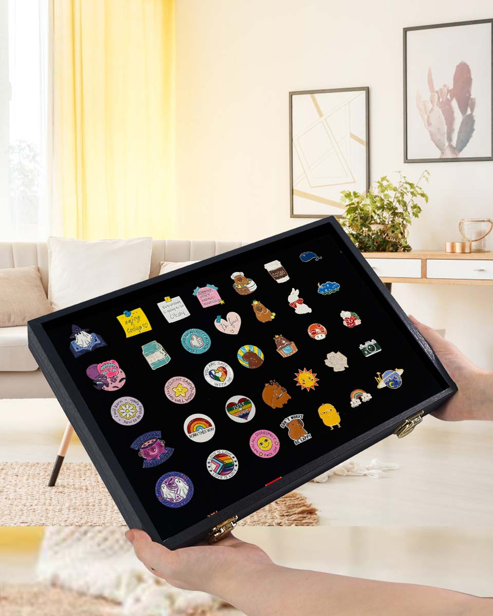 Black Velvet Pin Display Box with Real Glass Lid for Medal or Brooch Storage Tray