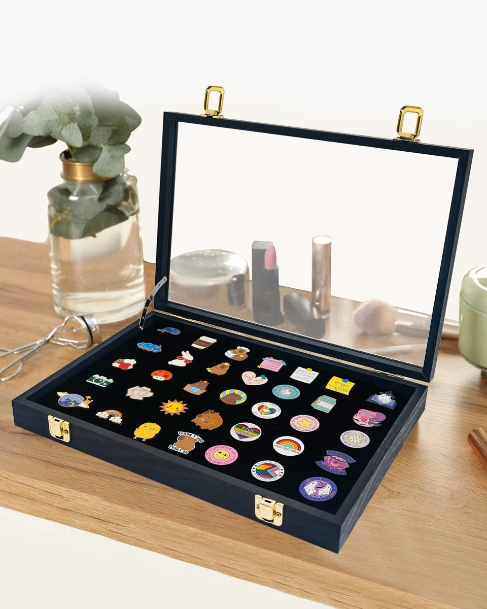 Black Velvet Pin Display Box with Real Glass Lid for Medal or Brooch Storage Tray