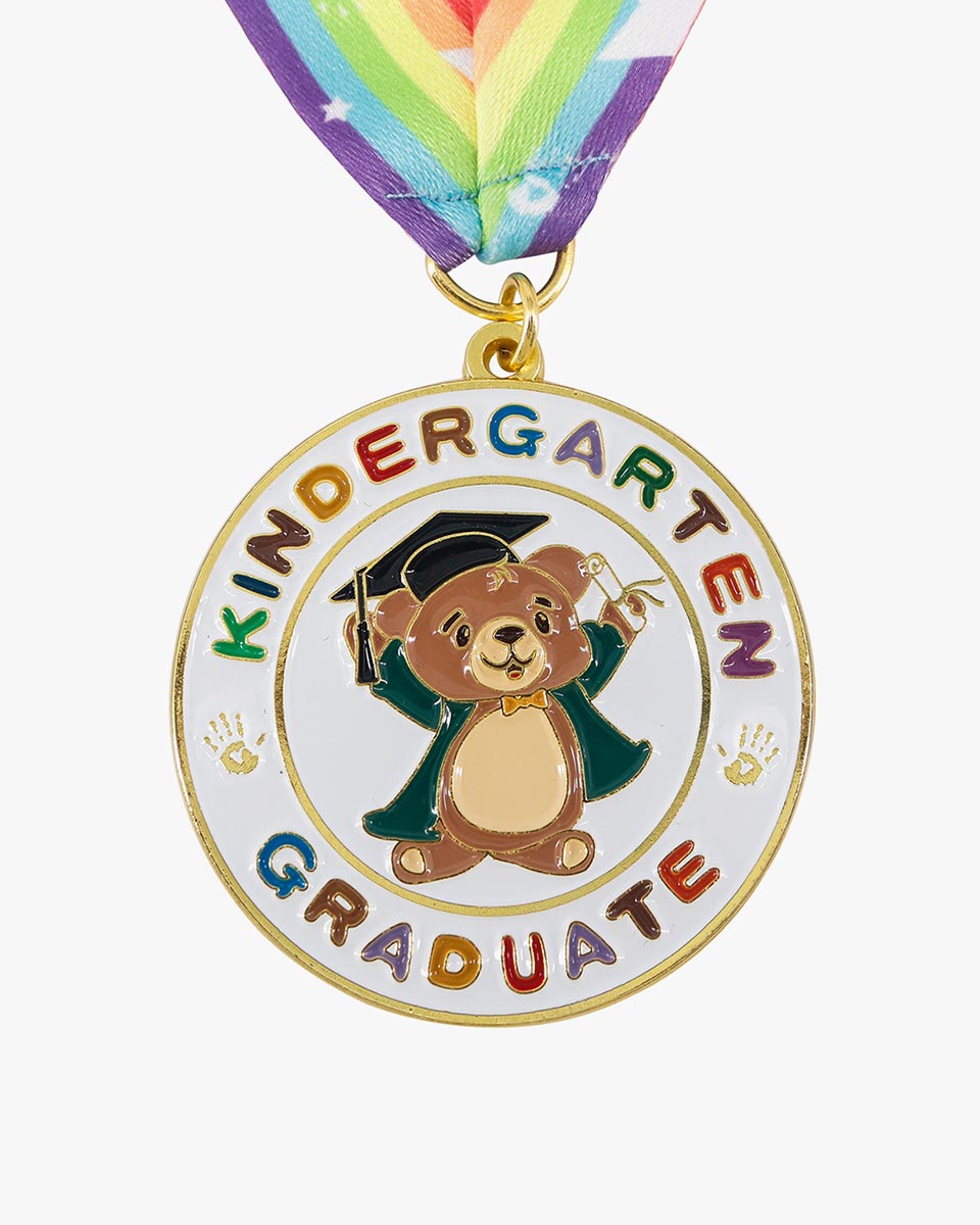 Kindergarten Graduation Bear Medal with Rainbow Neck Ribbon