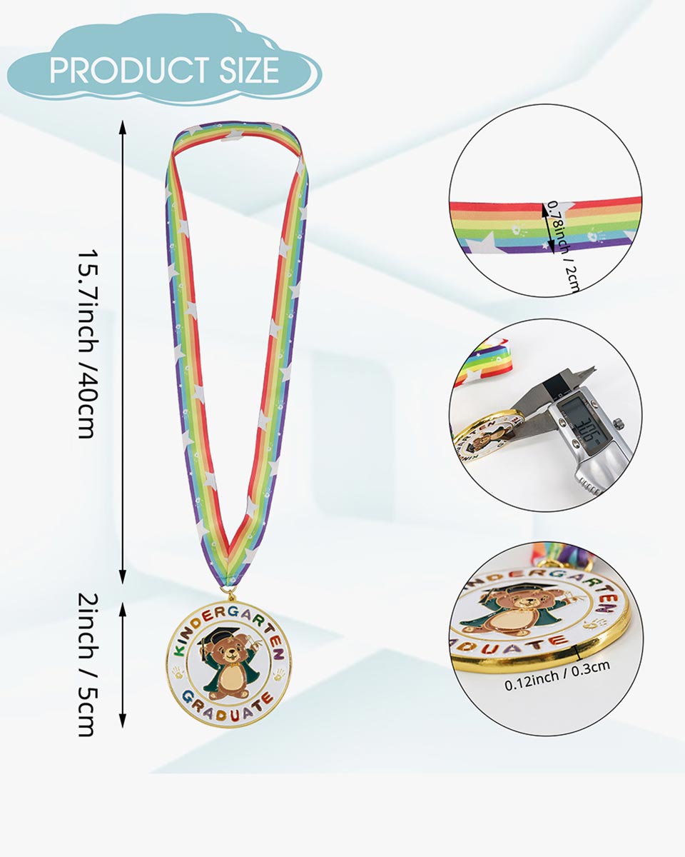 Kindergarten Graduation Bear Medal with Rainbow Neck Ribbon