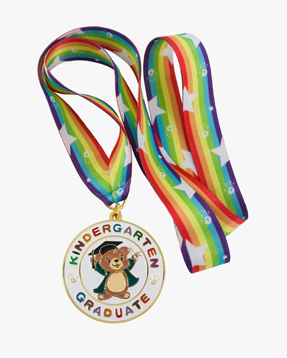 Kindergarten Graduation Bear Medal with Rainbow Neck Ribbon