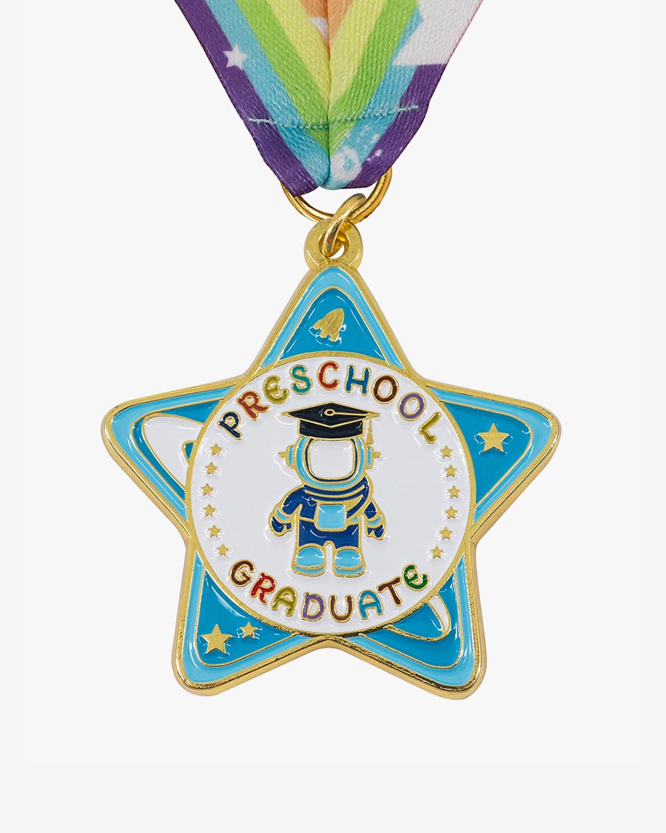 Preschool Graduation Astronaut Medal with Rainbow Neck Ribbon