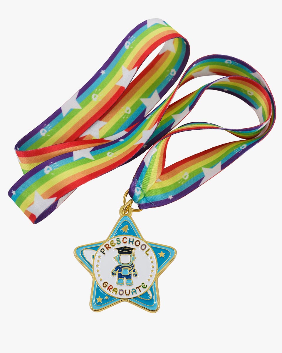 Preschool Graduation Astronaut Medal with Rainbow Neck Ribbon
