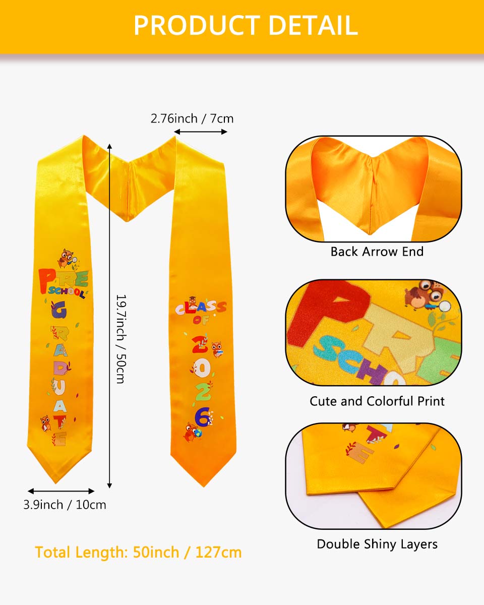 Class of 2026 Preschool Kindergarten Owl Printed Graduation Stole 50" Long - Various Colors & Styles Available
