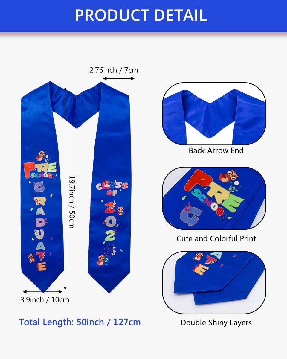 Class of 2026 Preschool Kindergarten Owl Printed Graduation Stole 50" Long - Various Colors & Styles Available