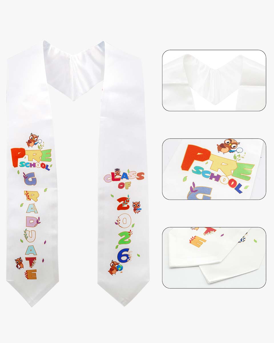 Class of 2026 Preschool Kindergarten Owl Printed Graduation Stole 50" Long - Various Colors & Styles Available