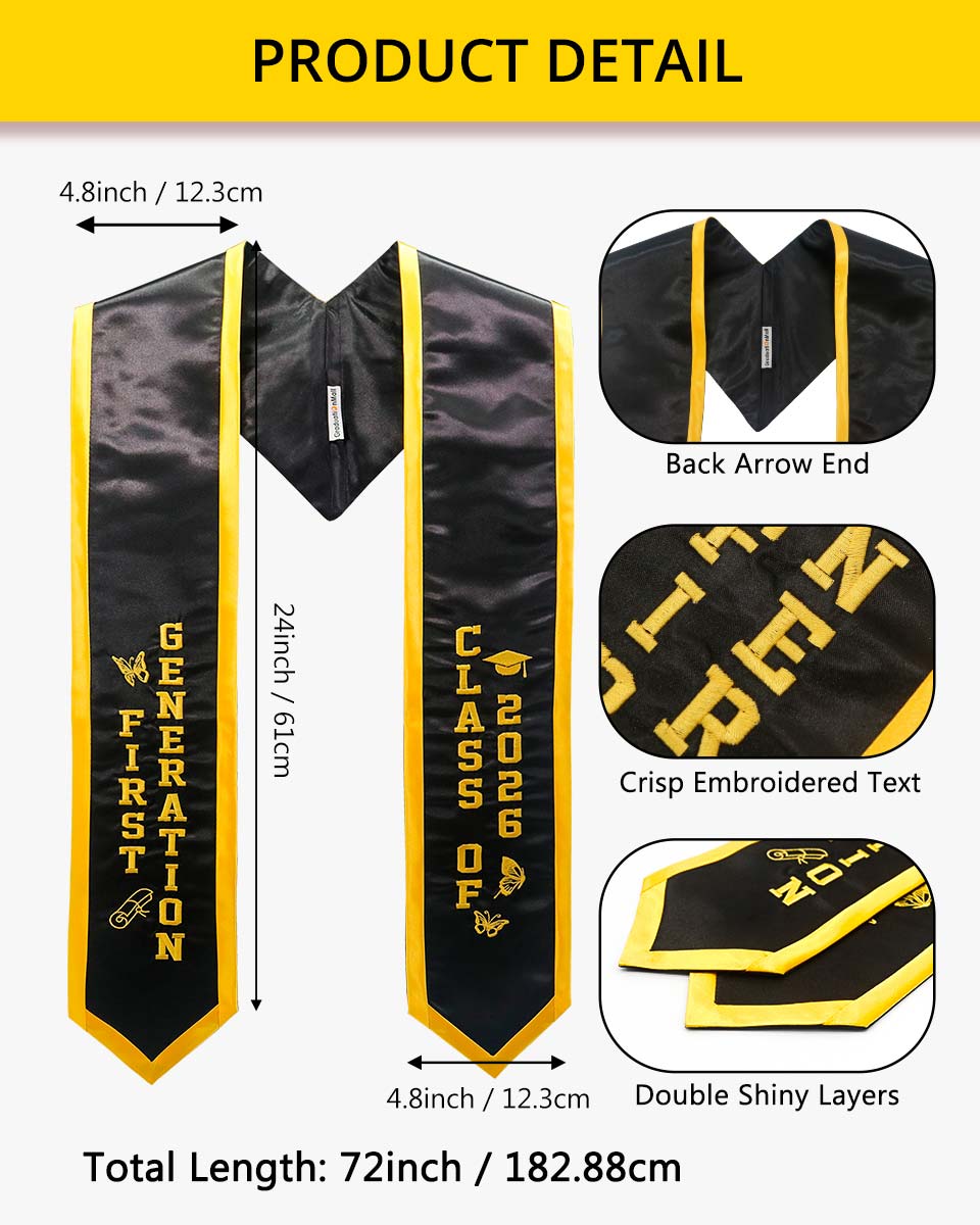 Class of 2026 Embroidered First Generation Graduation Stole for High School College - 2 Colors Available