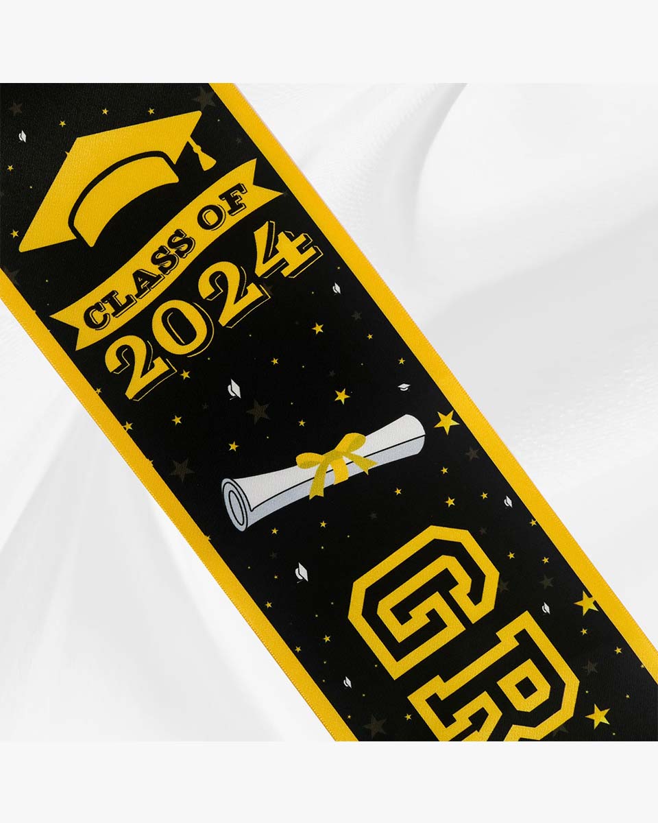 2024 Graduation Sash with Gold Glitter Letter Graduated Hat – 2 Colors Available