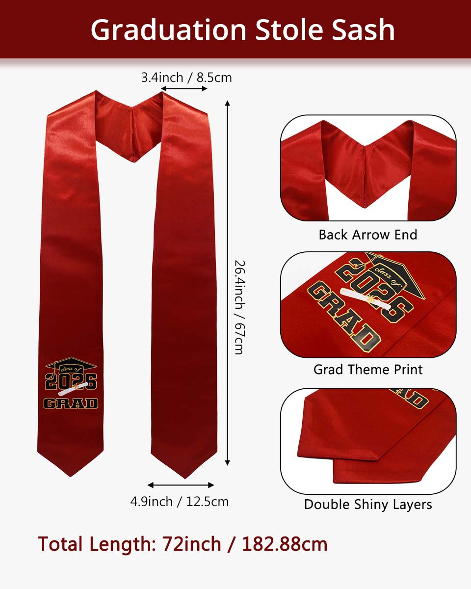 Class of 2026 Adults Imprinted Graduation Stoles with Classic End - 5 Colors Available