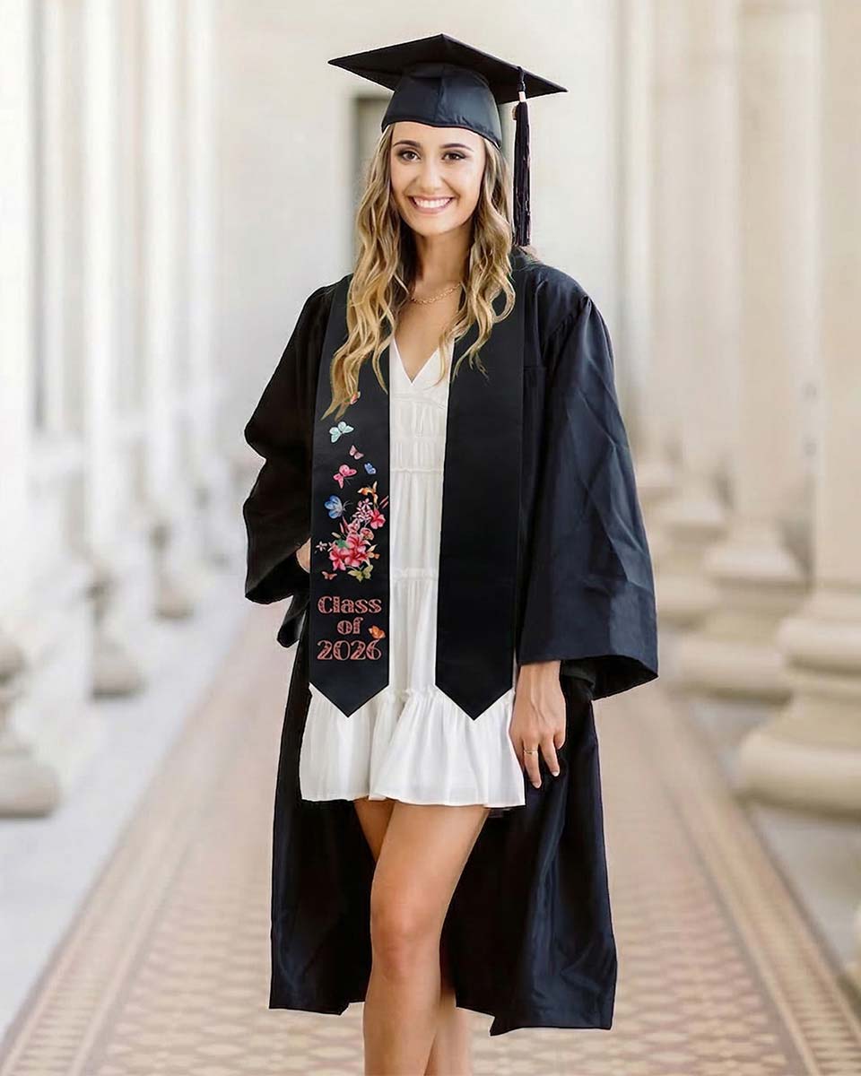 Class of 2026 Adults Floral Imprinted Graduation Stoles with Classic End - 2 Colors Available