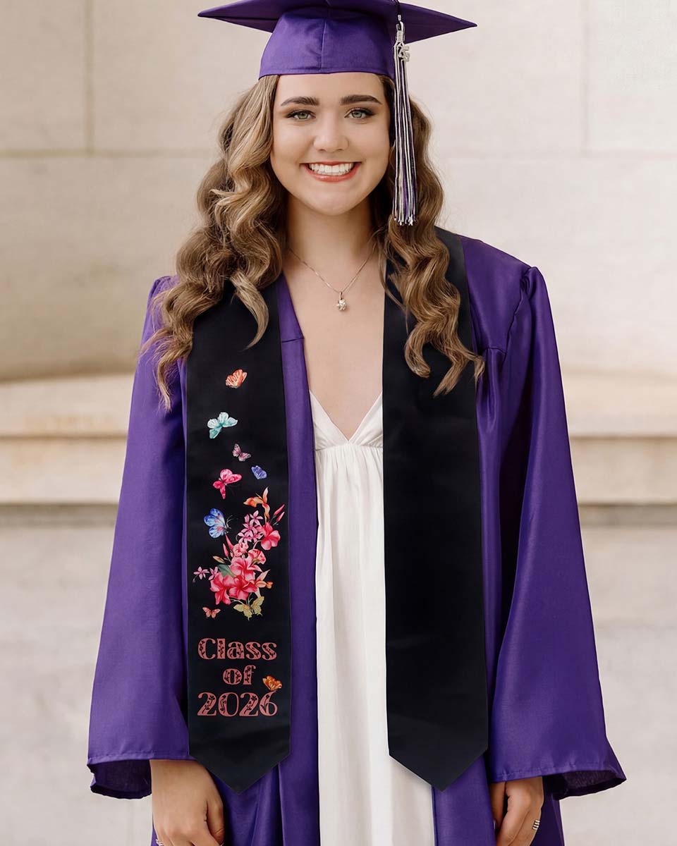 Class of 2026 Adults Floral Imprinted Graduation Stoles with Classic End - 7 Colors Available