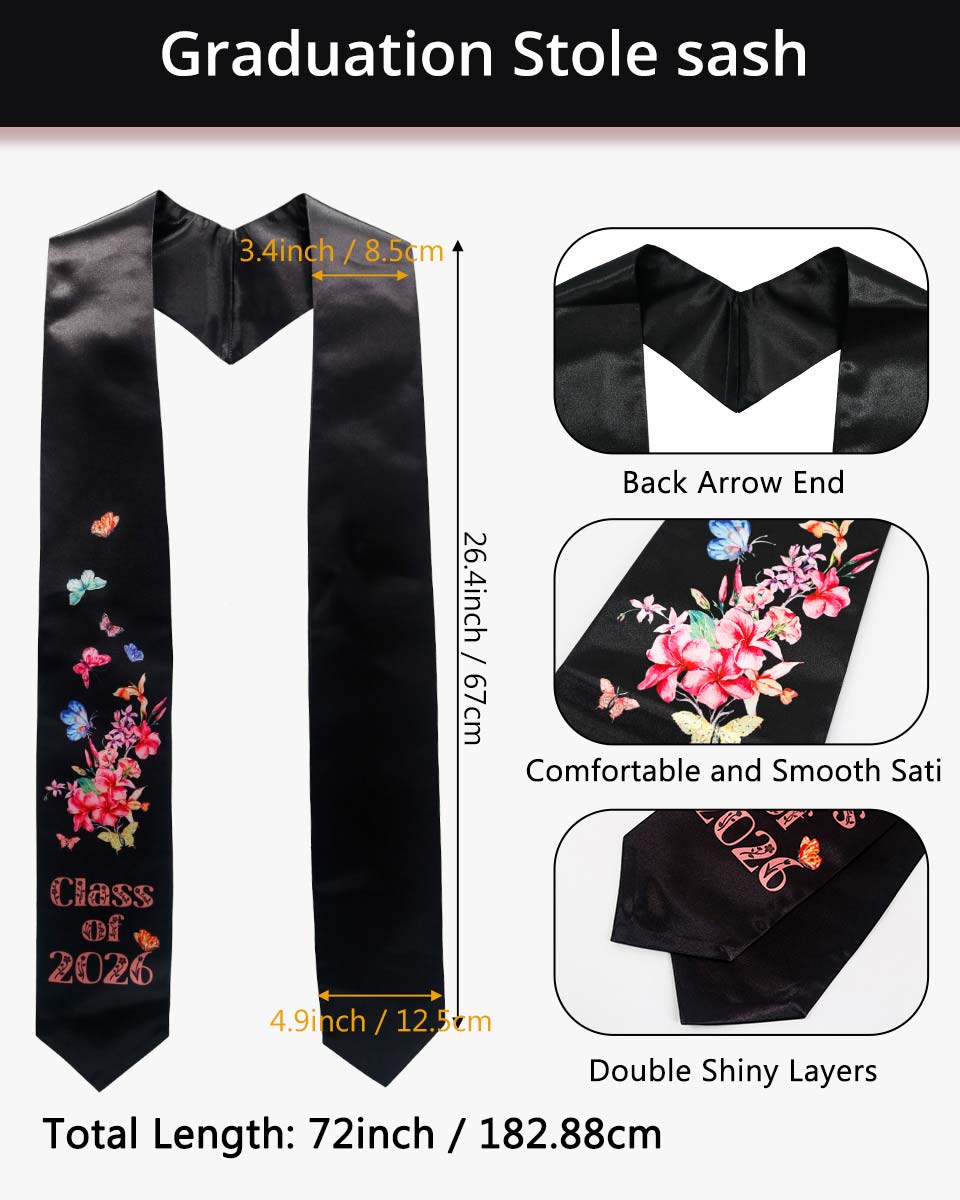 Class of 2026 Adults Floral Imprinted Graduation Stoles with Classic End - 7 Colors Available