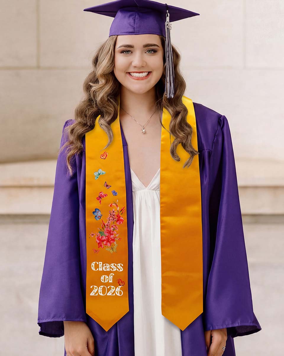 Class of 2026 Adults Floral Imprinted Graduation Stoles with Classic End - 7 Colors Available