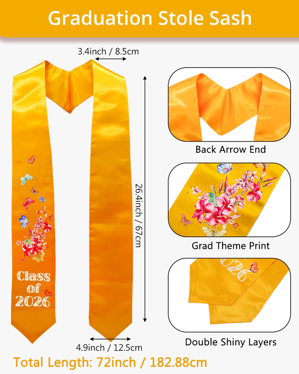 Class of 2026 Adults Floral Imprinted Graduation Stoles with Classic End - 7 Colors Available