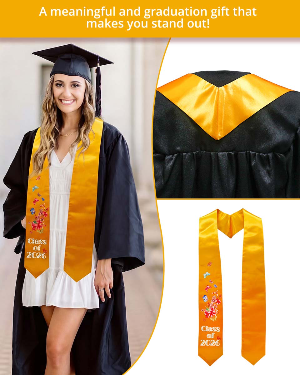 Class of 2026 Adults Floral Imprinted Graduation Stoles with Classic End - 7 Colors Available
