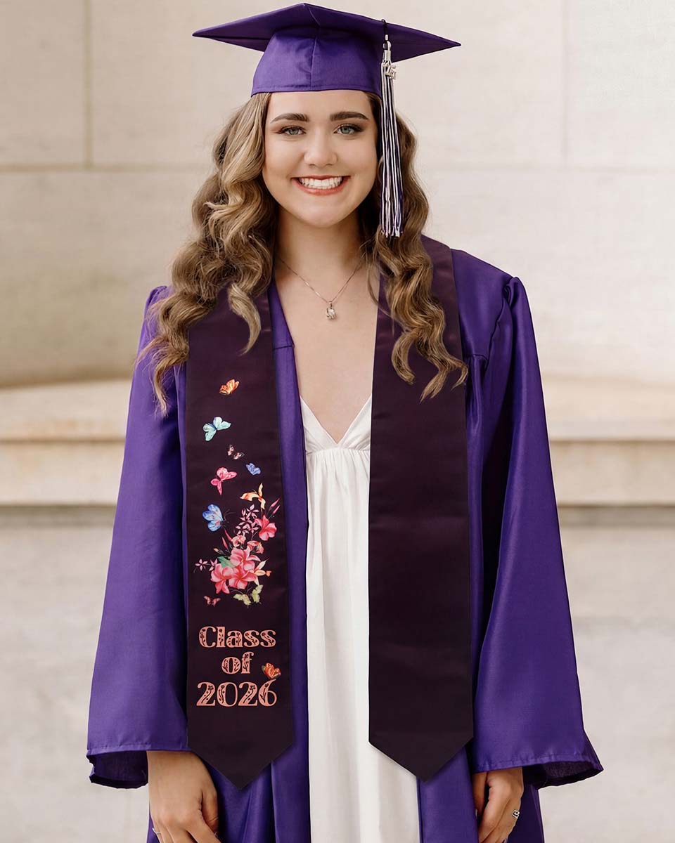Class of 2026 Adults Floral Imprinted Graduation Stoles with Classic End - 7 Colors Available