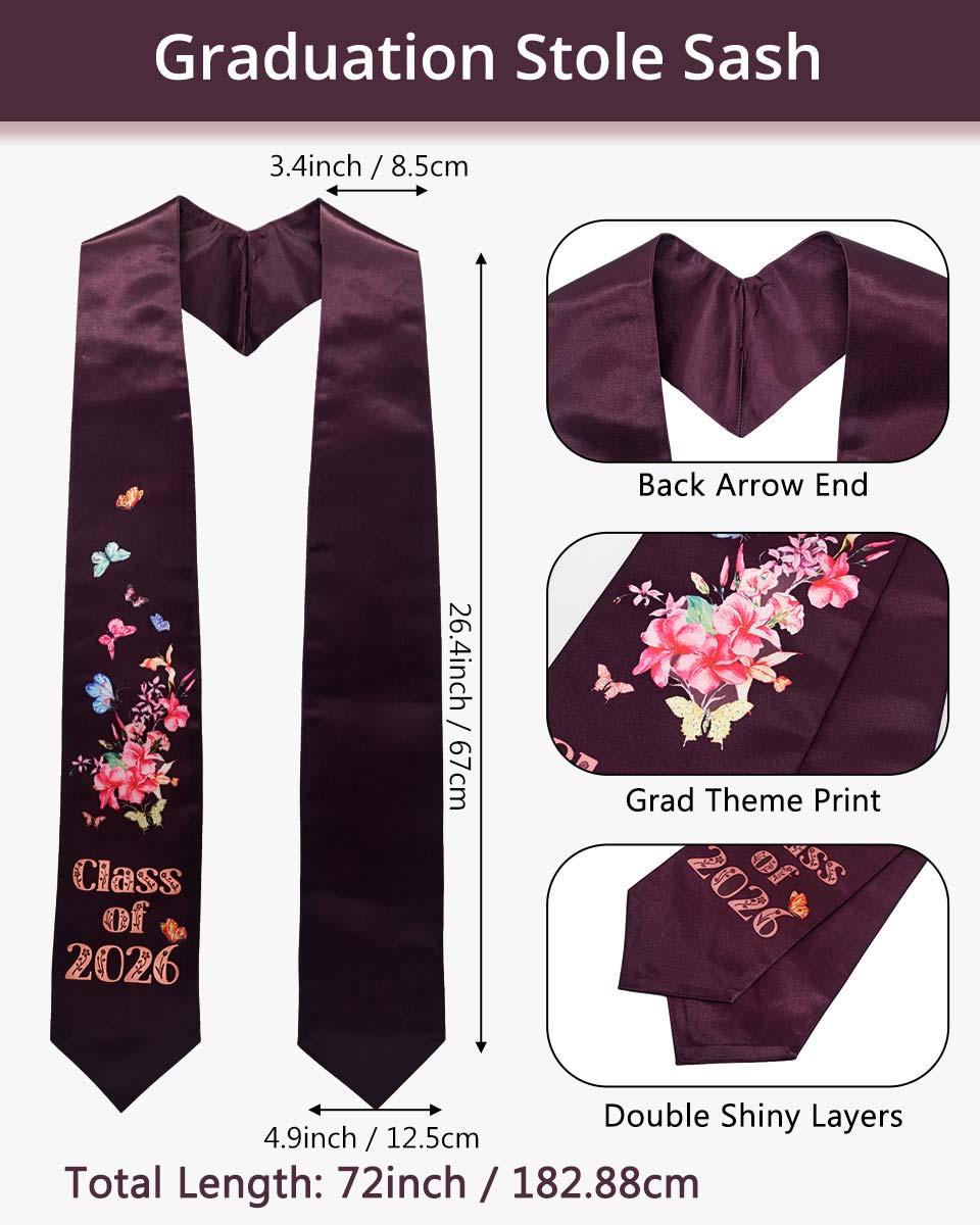 Class of 2026 Adults Floral Imprinted Graduation Stoles with Classic End - 7 Colors Available
