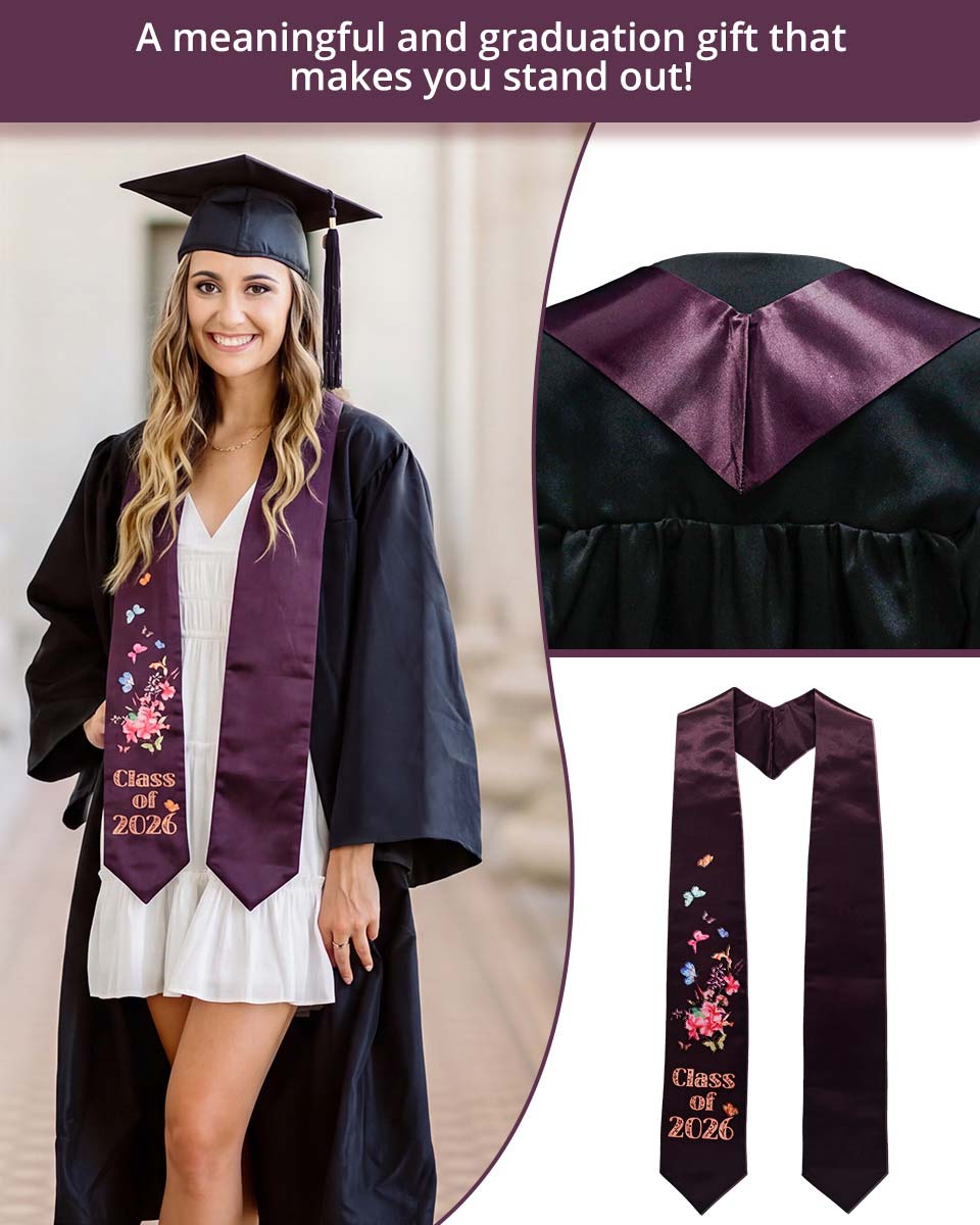 Class of 2026 Adults Floral Imprinted Graduation Stoles with Classic End - 7 Colors Available