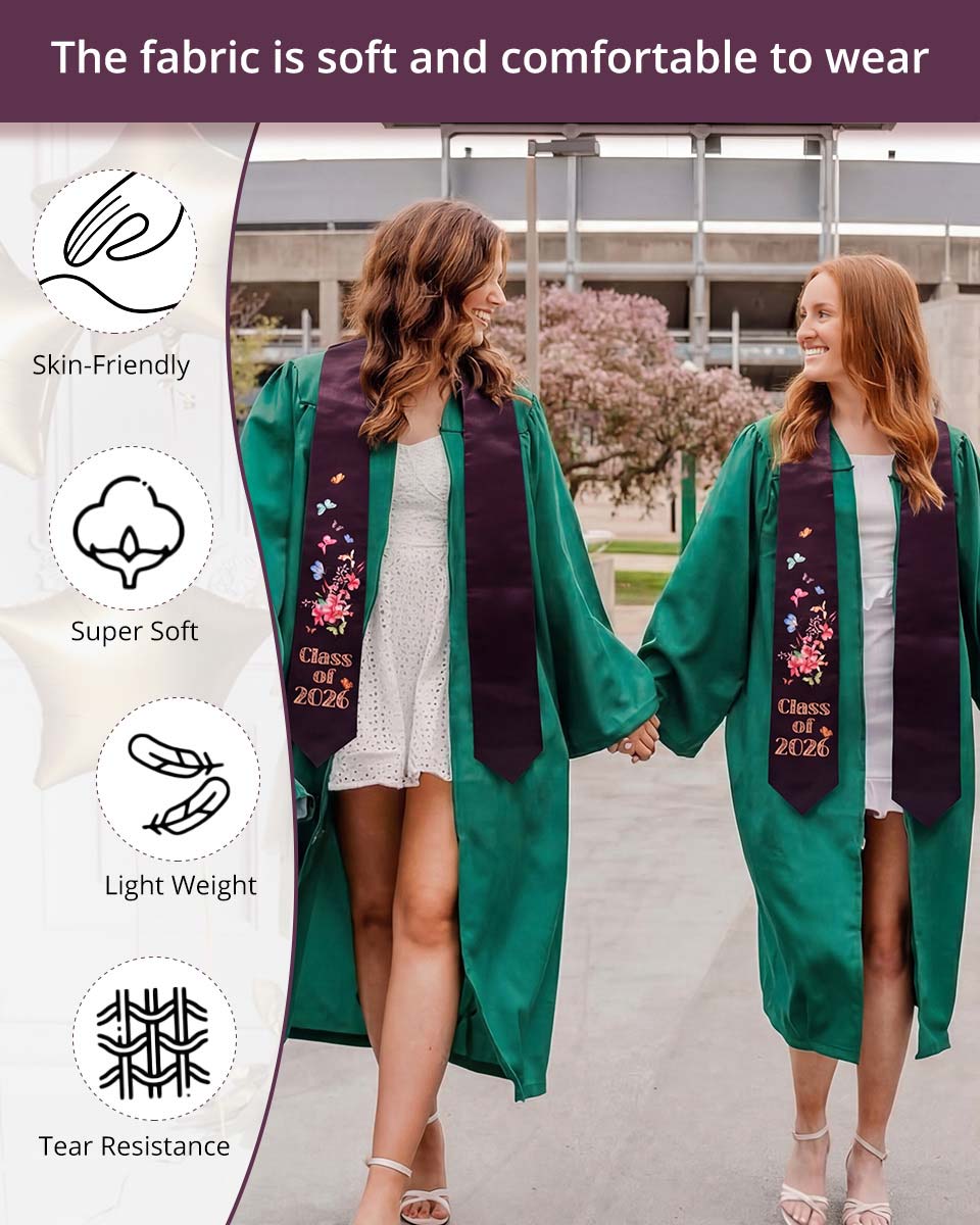 Class of 2026 Adults Floral Imprinted Graduation Stoles with Classic End - 7 Colors Available