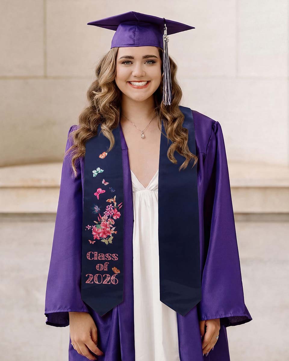 Class of 2026 Adults Floral Imprinted Graduation Stoles with Classic End - 7 Colors Available