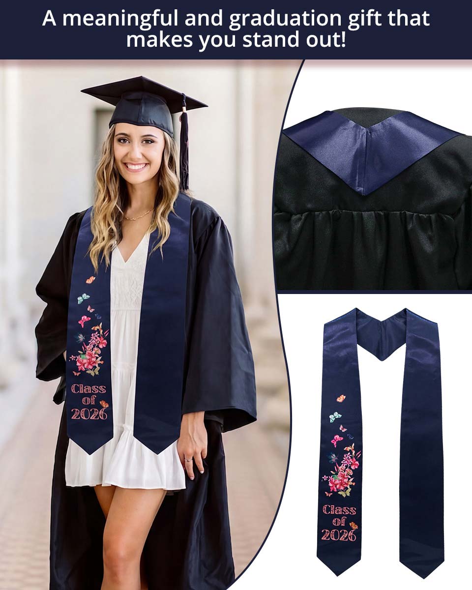 Class of 2026 Adults Floral Imprinted Graduation Stoles with Classic End - 7 Colors Available