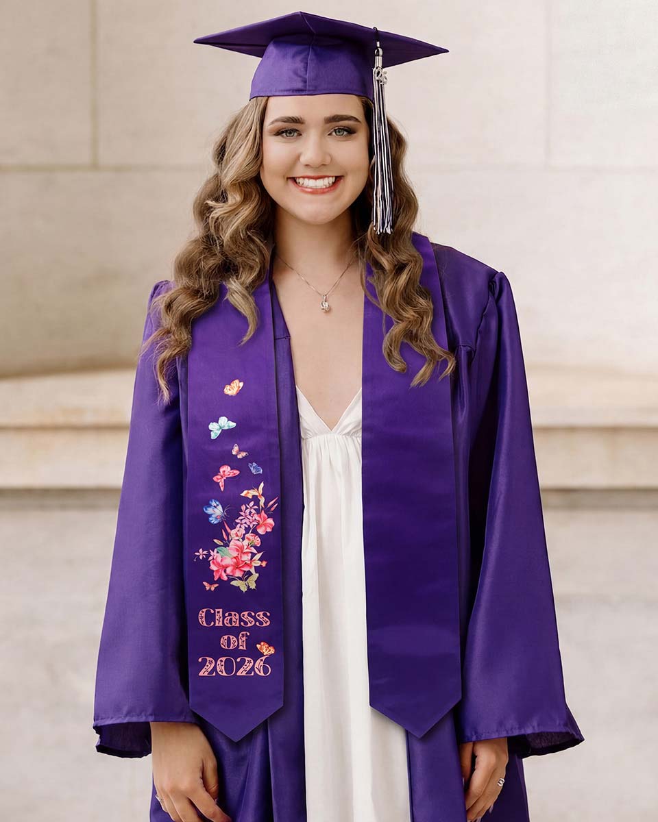 Class of 2026 Adults Floral Imprinted Graduation Stoles with Classic End - 7 Colors Available