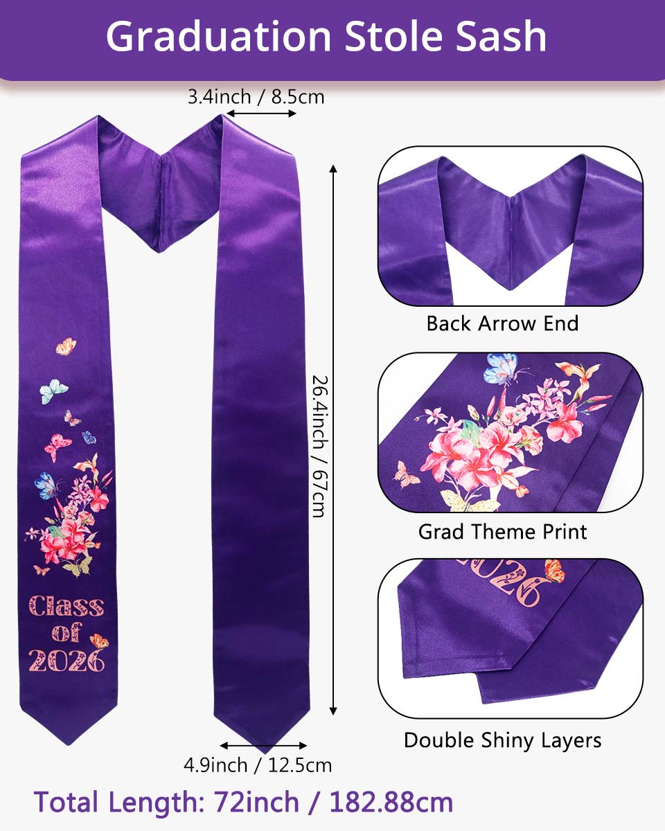 Class of 2026 Adults Floral Imprinted Graduation Stoles with Classic End - 7 Colors Available