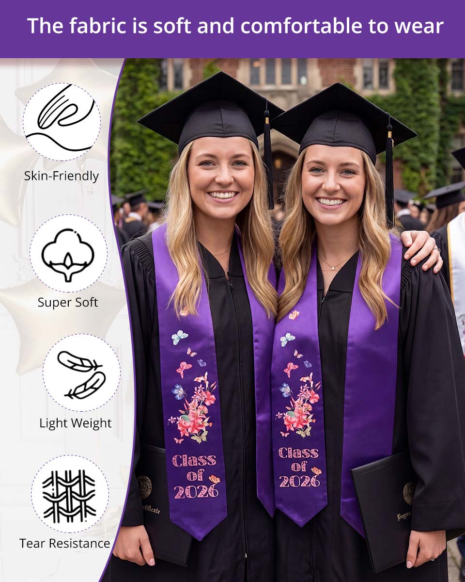 Class of 2026 Adults Floral Imprinted Graduation Stoles with Classic End - 7 Colors Available