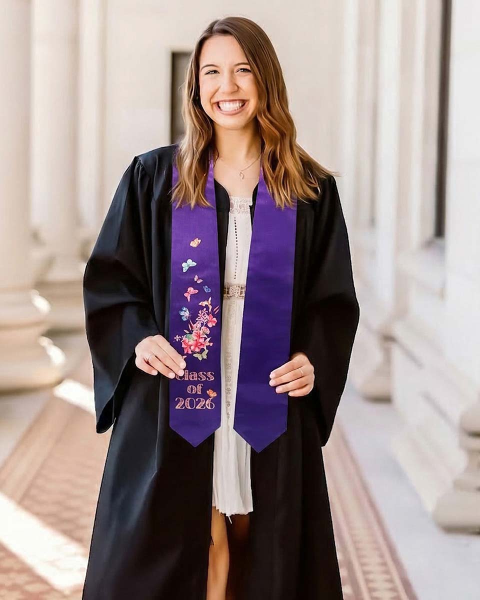 Class of 2026 Adults Floral Imprinted Graduation Stoles with Classic End - 7 Colors Available