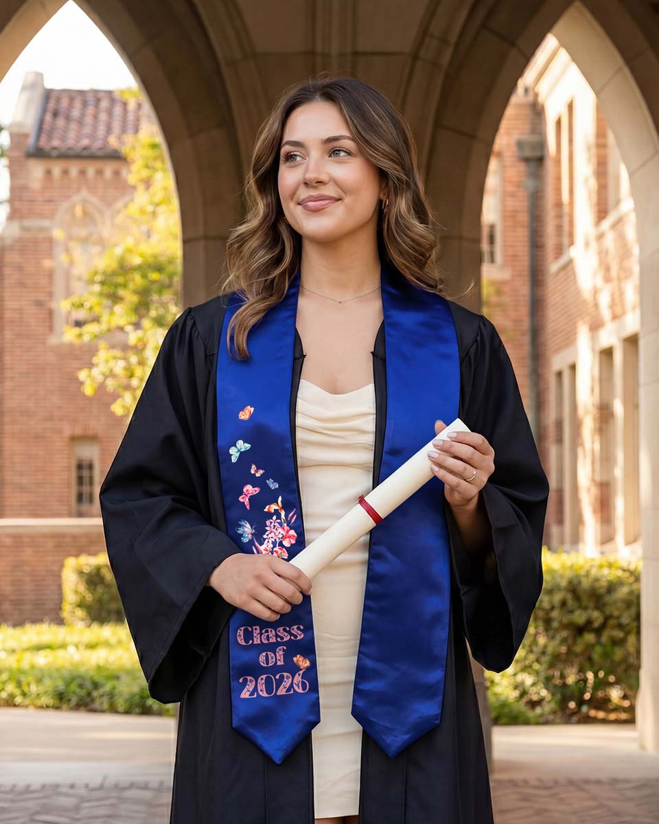 Class of 2026 Adults Floral Imprinted Graduation Stoles with Classic End - 7 Colors Available