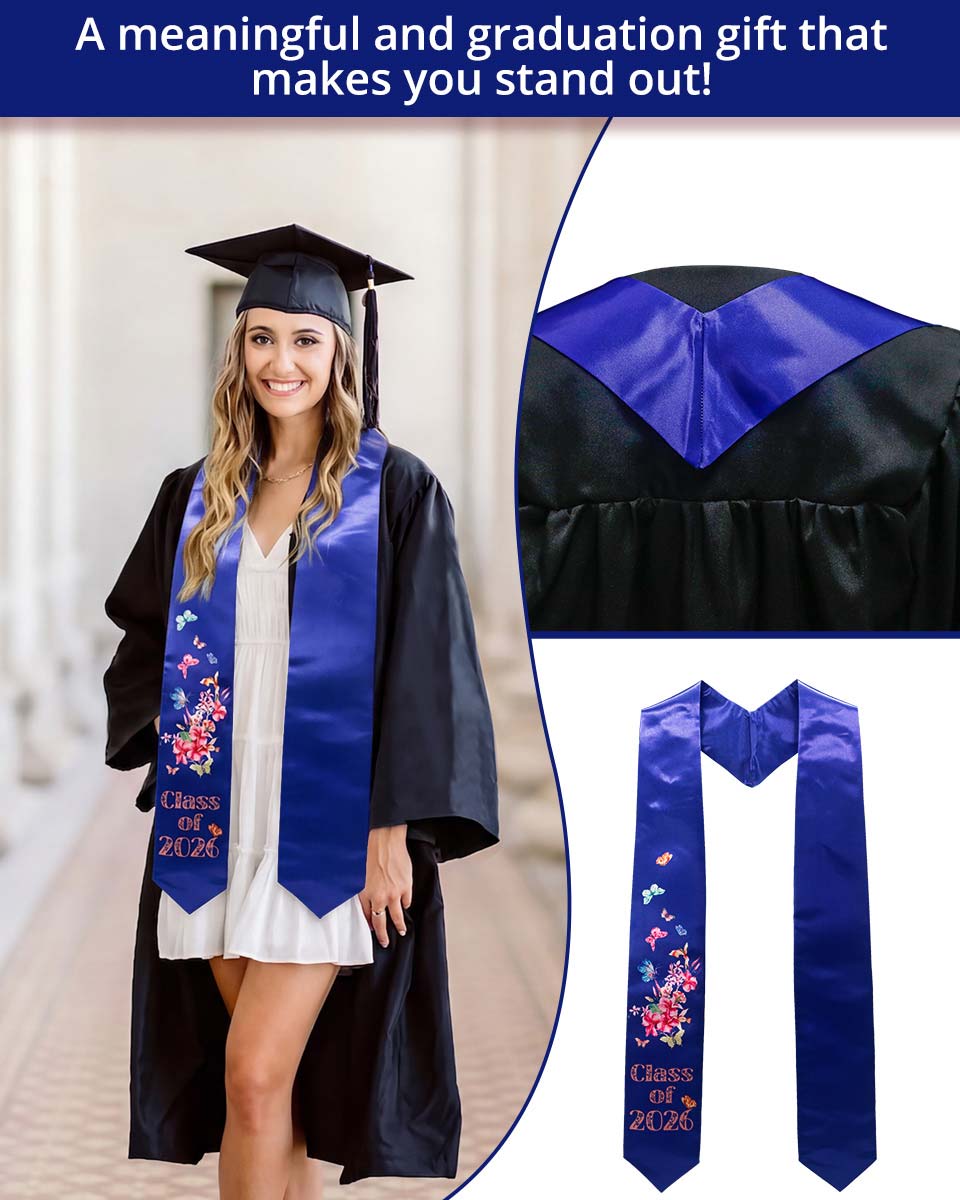 Class of 2026 Adults Floral Imprinted Graduation Stoles with Classic End - 7 Colors Available
