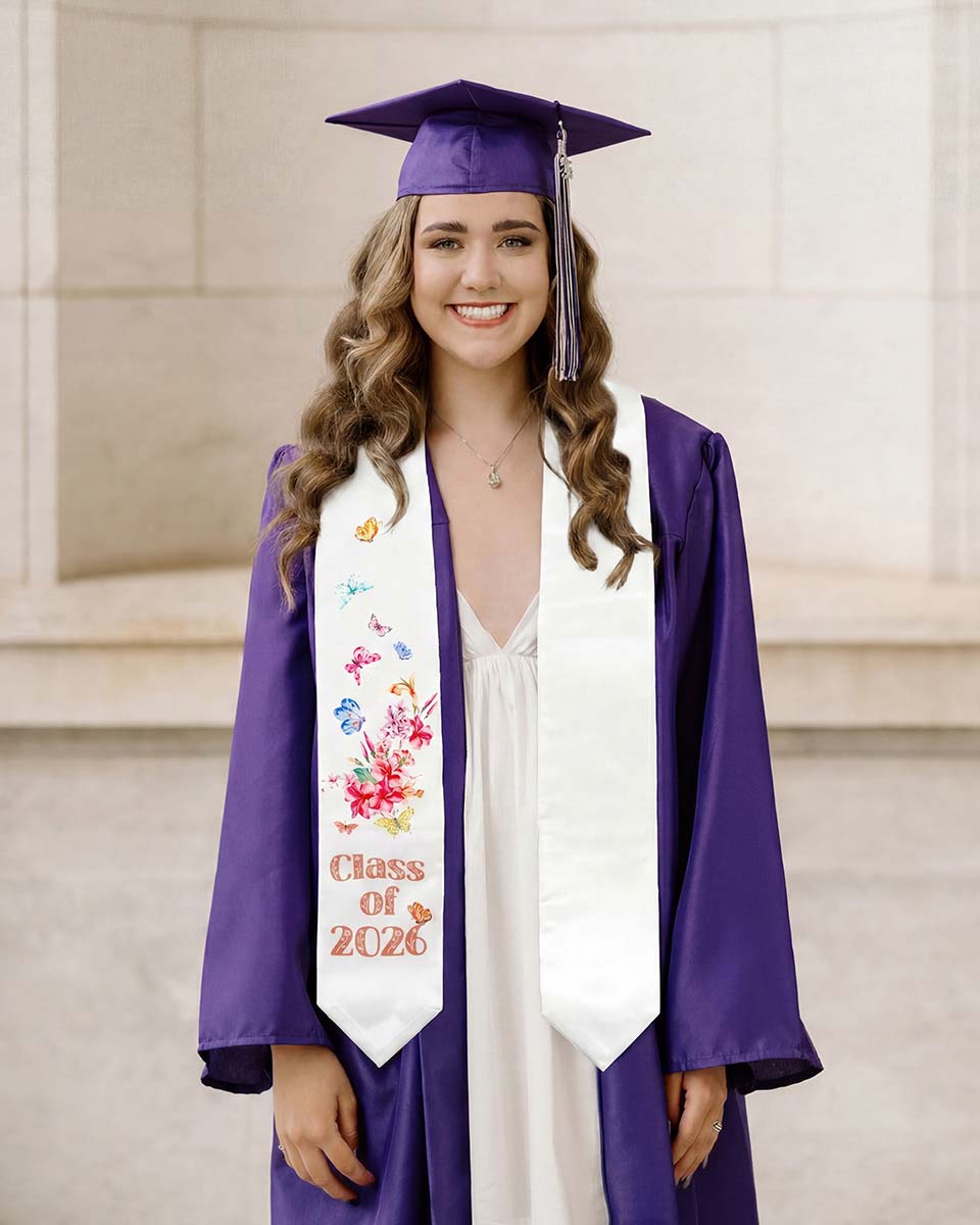 Class of 2026 Adults Floral Imprinted Graduation Stoles with Classic End - 7 Colors Available